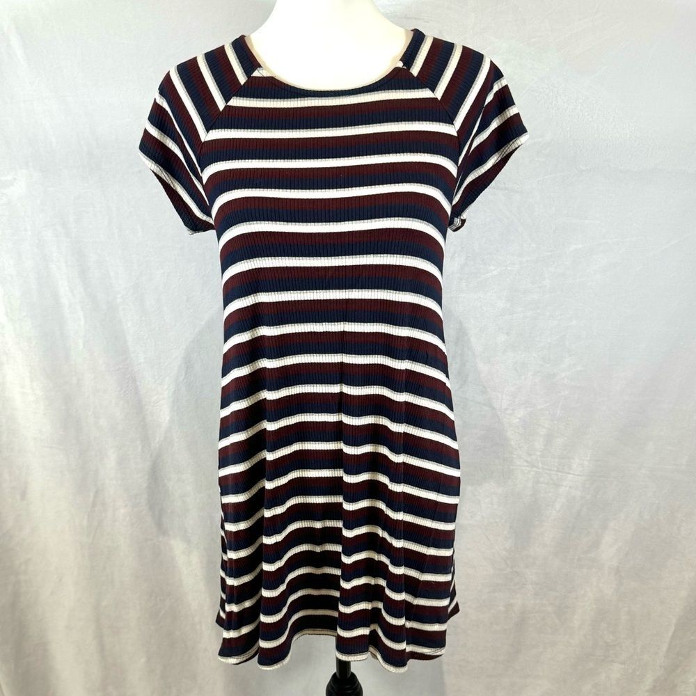 Navy burgundy gray and white ribbed knit cross back swing dress size medium